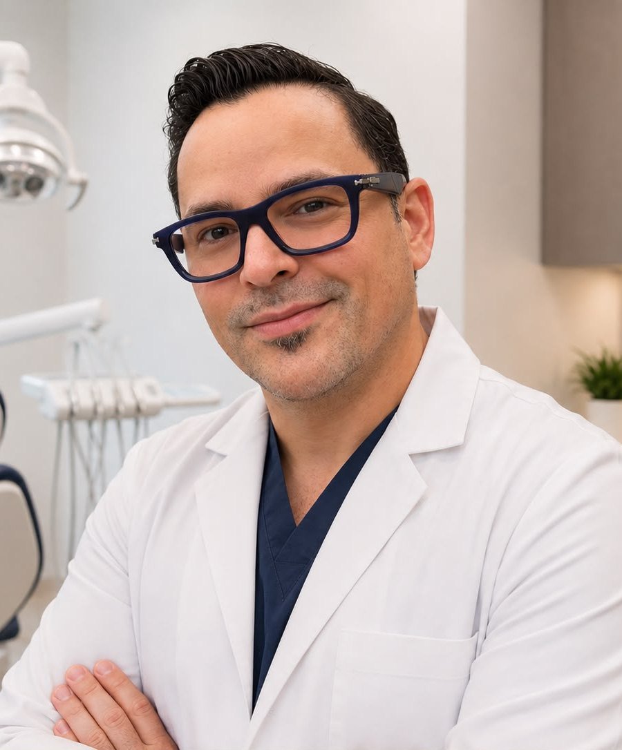 Dr. Luis Gervasio, DMD, in his white coat in a treatment room