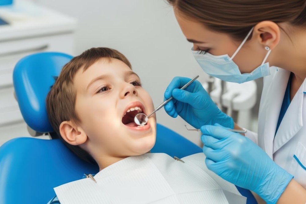 A dentist examining a young boy's teeth with a mirror in the dental chair