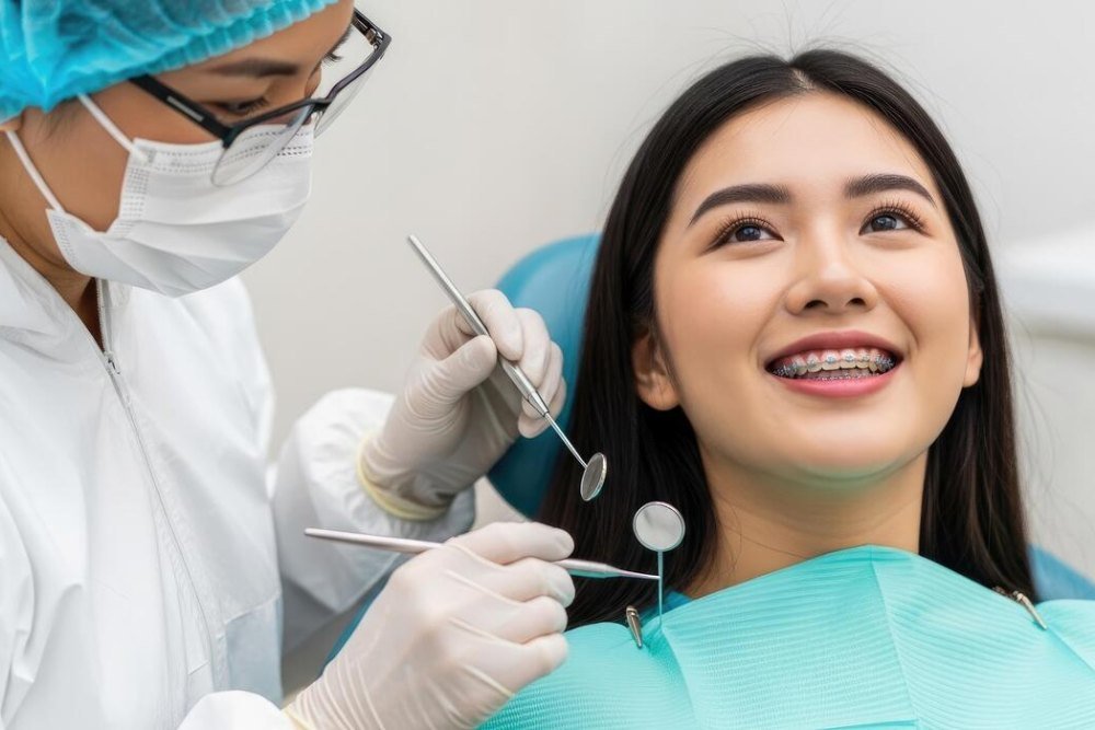 A smiling young woman with braces in the dental chair beside her dentist