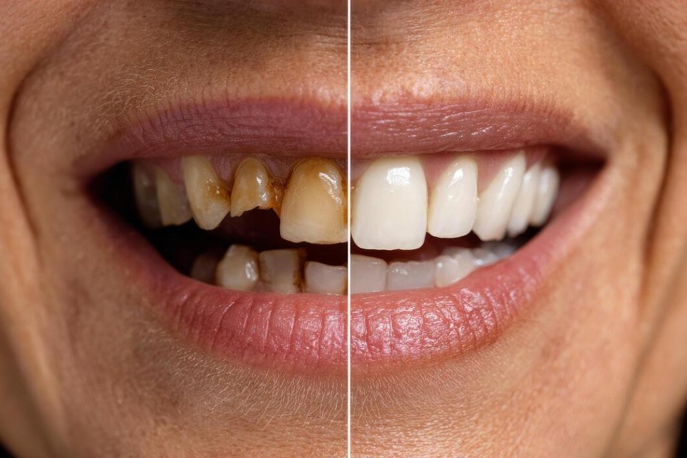 Before and after: a smile with stained, damaged teeth beside the same smile restored
